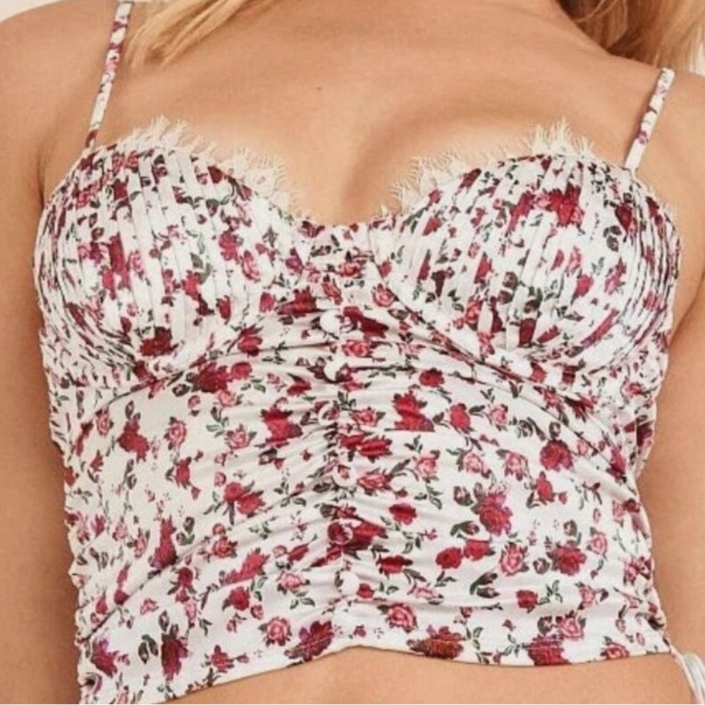 For Love And Lemons White Floral Ruched Bustier Cami